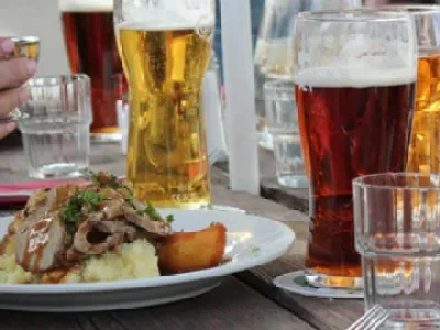 a person sitting at a table with a plate of food